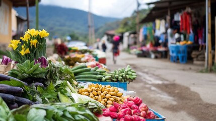 Colorful Fresh Produce Displayed at a Vibrant Local Market Stall : Generative AI