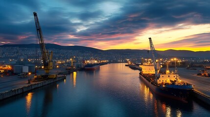 Fototapeta premium Breathtaking view of a busy harbor at sunset showcasing ships and stunning sky colors : Generative AI