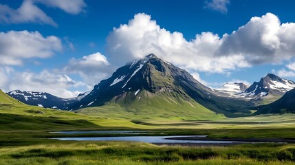 Fototapeta premium Majestic mountain landscape showcasing towering peaks under a dramatic sky filled with fluffy clouds : Generative AI