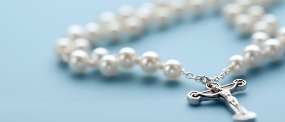 Obraz premium Catholic rosary with white pearl beads and silver crucifix on soft blue background, shallow depth of field creates gentle spiritual atmosphere.