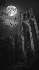 Obraz premium Ruined church bathed in moonlight bats fly