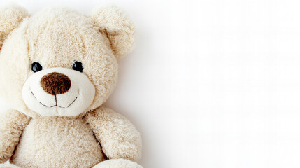 Obraz premium Cute soft teddy bear sitting upright on white background, adorable stuffed toy for nursery decor, children birthday gift, baby shower, childhood memory, interior accent, and playful product mockup