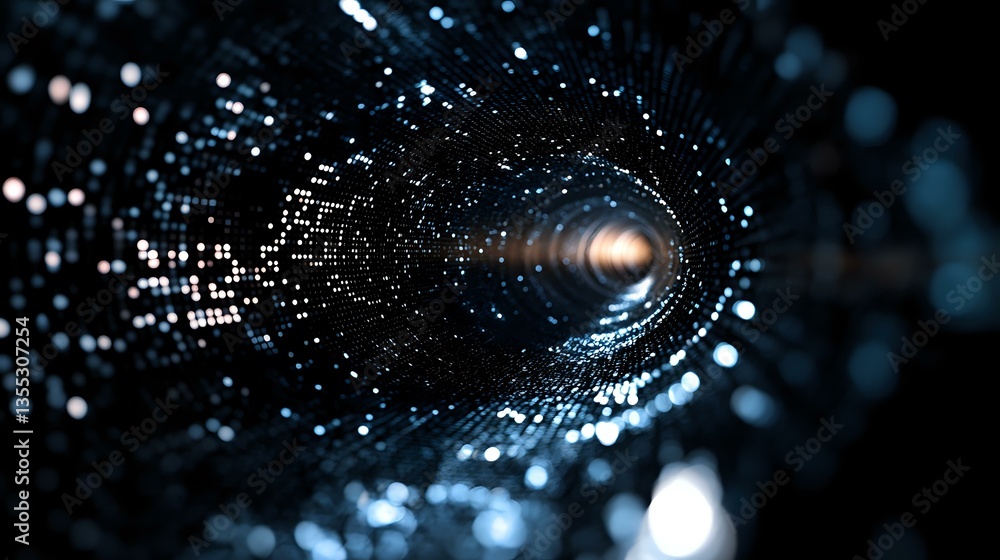Poster digital tunnel with glowing light at end, abstract technology background with particles and bokeh ef