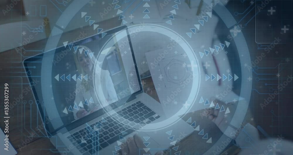 Poster animation of digital interface with arrows and circles on laptop screen during call