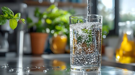 Fresh sparkling water pouring into clear glass with bubbles and splashes, kitchen counter with green plants and warm lighting in background.