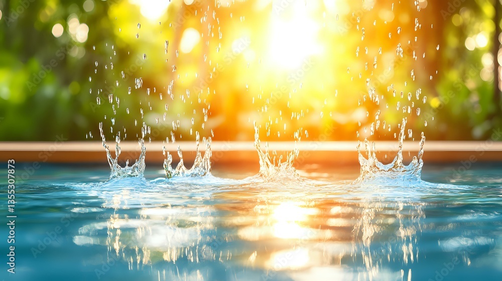 Poster splashing water drops creating crown shapes in swimming pool at sunset, sun rays reflecting on blue 