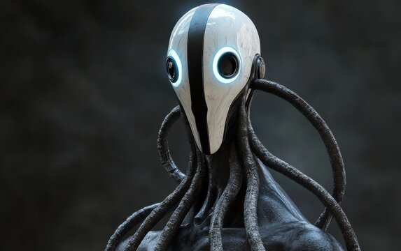 A futuristic humanoid robot with a sleek black-and-white face and glowing circular eyes, featuring multiple thick cables extending from its head and upper body.