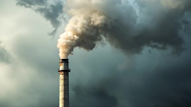 A factory chimney spits out white smoke against the background of dark clouds