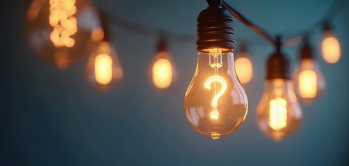Glowing light bulb question mark inside, hanging on string. Idea, quiz, assessment, uncertainty concept. Thinking, brainstorming, problem solving, innovation, solution, faq, test, quiz, answer.