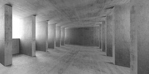 Minimalist concrete interior with geometric columns. 3d render