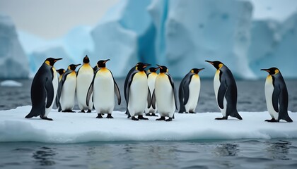 Obraz premium Group penguins stand on ice floe against backdrop icebergs. Antarctic landscape, cold winter season. Birds, icebergs, blue water, sea, ocean, snow, cold, wildlife, animals, environment.