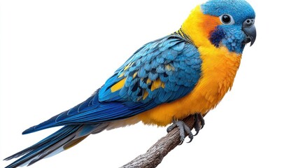 Obraz premium A vibrant blue and orange parrot perched on a branch, isolated against a white background. Its plumage is detailed, showing texture and color variations