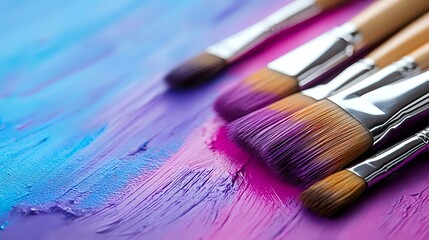 Fototapeta premium Paint brushes with colorful pink and blue acrylic paint strokes on artistic background, showing texture and creative process for painters and artists.