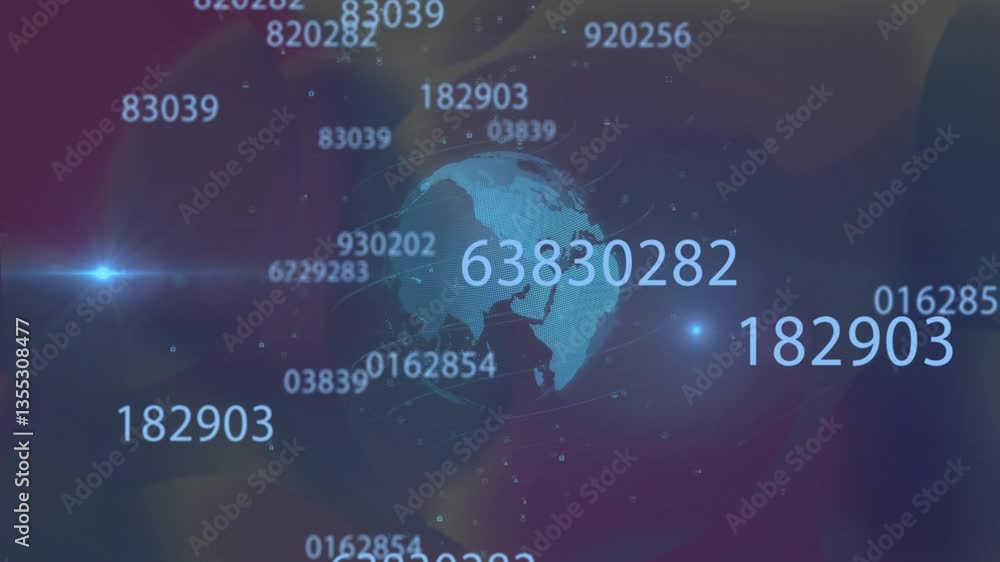 Poster rotating globe displaying floating numbers and digital data in futuristic animation