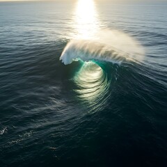Naklejka premium Surfer Riding A Wave In The Ocean At Sunset With Sun Shining