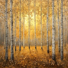 Fototapeta premium artistic depiction of a grove of birch trees in autumn, golden leaves, sunlight filtering through, warm tones, calm and tranquil composition