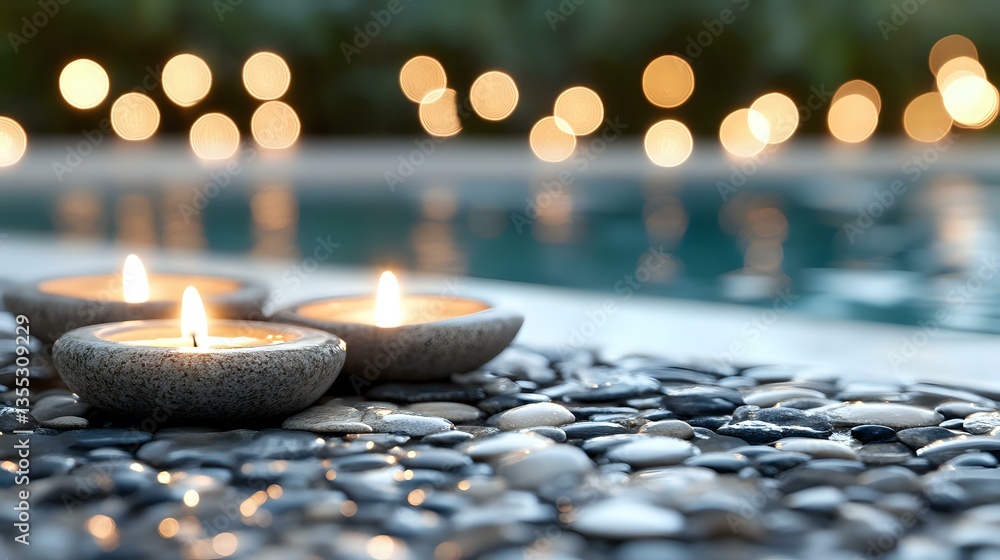Poster glowing candles in stone holders on dark pebbles near water surface with soft bokeh lights creating 