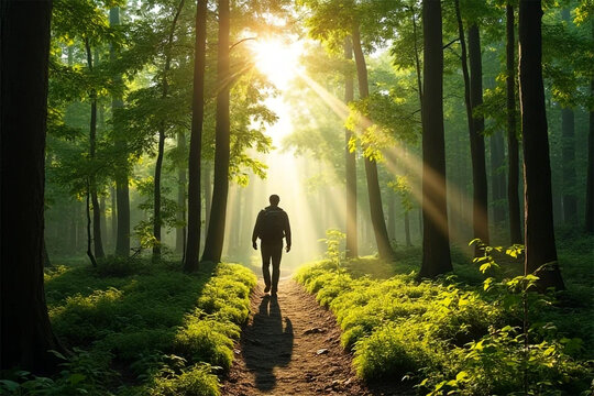 A solitary figure finds peace and hope walking a sun-drenched path through a mystical forest bathed in golden light.