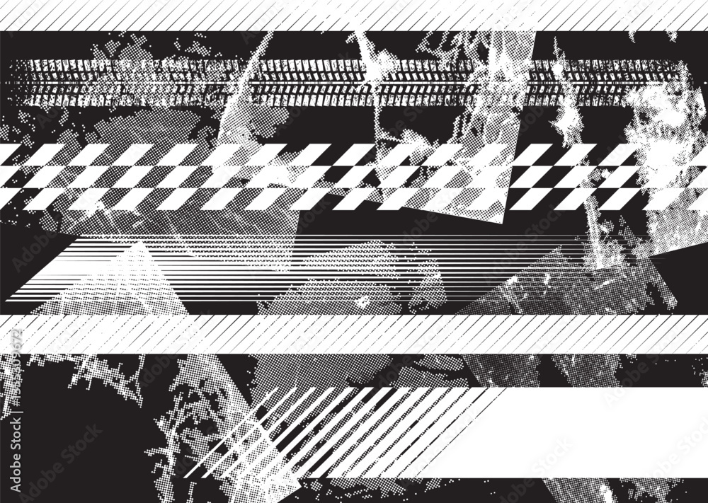 Poster Glitch distorted grunge layer . Noise destroyed texture. Checkered race grunge flag . Overlay grunge texture .Distressed effect .Vector shapes with a speed lines and tire tracks screen print texture.