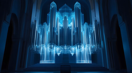 A massive AI-controlled pipe organ generating ethereal, digital harmonies.