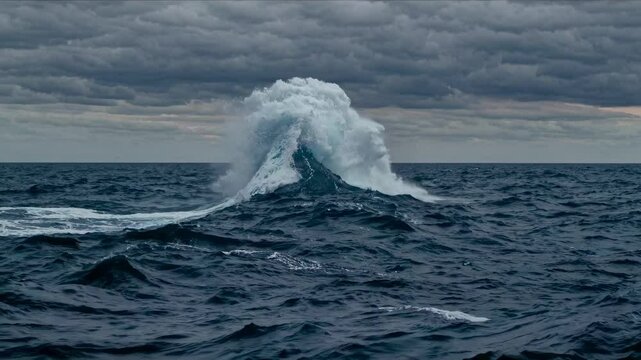 Dramatic ocean wave captured from a low-angle, showcasing turbulent seas under a cloudy sky, reminiscent of a cinematic video scene.
