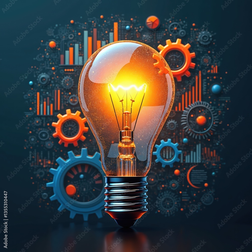 Aufkleber lightbulb with gears and charts symbolizes innovative business ideas and branding strategy. concept 