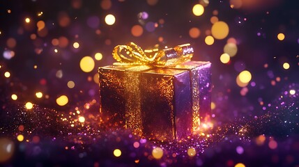 "Beautifully wrapped gift box with shimmering golden ribbon surrounded by sparkling lights evoking festive celebration and joy