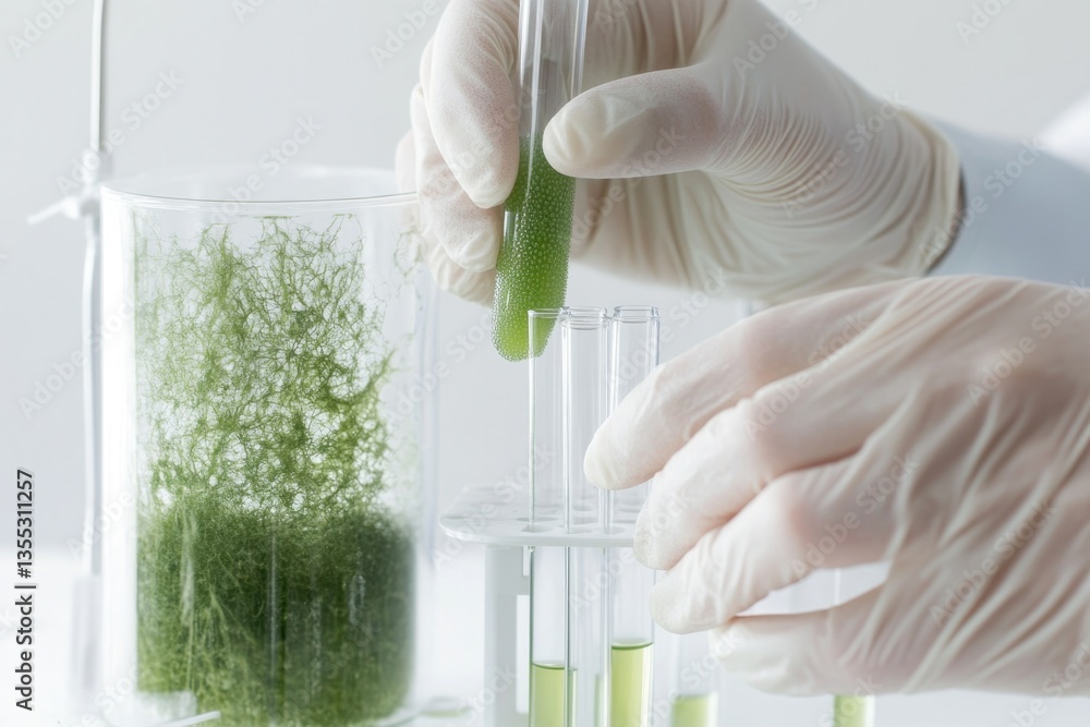 Poster experiment with green algae showcases hands in gloves handling t