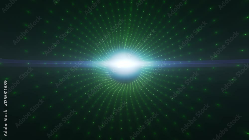 Poster green futuristic grid tunnel pattern converging to a bright focal point, symbolizing data flow, digi