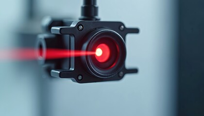 Close-up of high-tech optical sensor with red laser beam. Modern automation, robotic system engineering uses red light technology. Precision equipment device for industry.