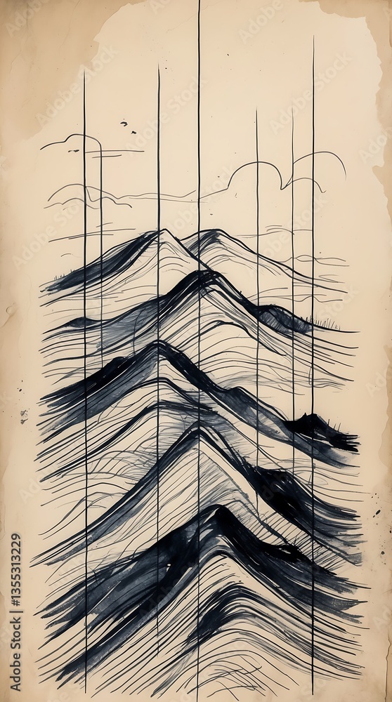 Poster minimalist sketch of hills with vertical lines on a textured background