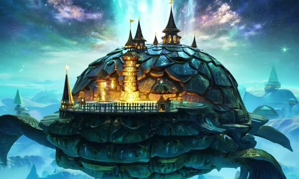 A massive floating kingdom, complete with glowing waterfalls and golden spires, rests on the back of a colossal cosmic turtle drifting through the sky. Fantasy celestial aesthetic