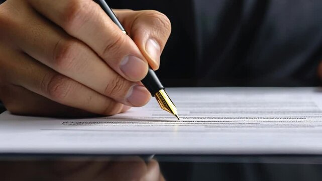 Detailed view of hand signing legal document with fountain pen for approval