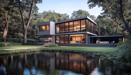 Obraz premium Modern two-story house with large glass windows, clean lines, surrounded by lush greenery near a serene pond. Sleek architecture emphasizes open spaces, natural light, golden-hour highlights