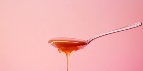 This image shows a spoon holding a sweet syrup. The vibrant color contrasts against a soft pink background. It captures the essence of culinary delight. Perfect for food blogs and recipe ideas. AI