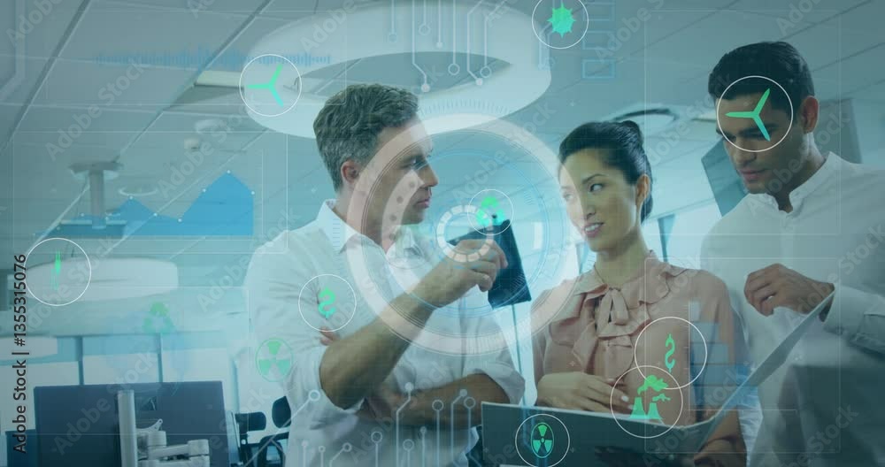 Poster discussing project, business professionals with digital data processing animation overlay
