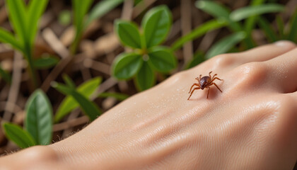 Obraz premium Detailed close-up of a tick on human skin, poised to latch, surrounded by soft greenery