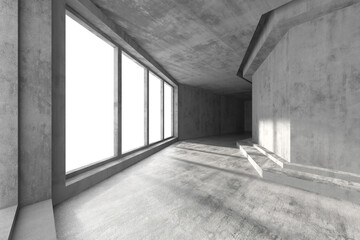 Modern minimalist concrete interior with large windows and natural lighting. 3d render