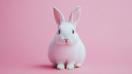 Photo of a little bunny, on a soft pink background Easter theme