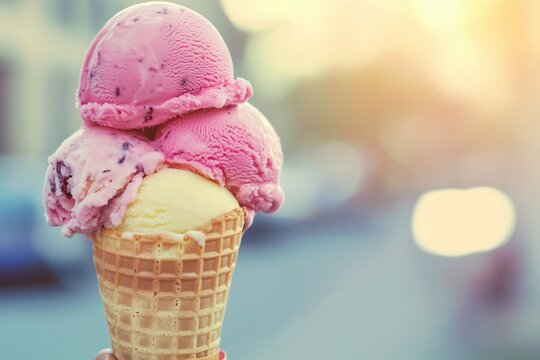 4 Kugel Eis in einer Waffel, Erdbeere und Vanille