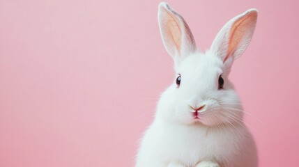Photo of a little bunny, on a soft pink background Easter theme