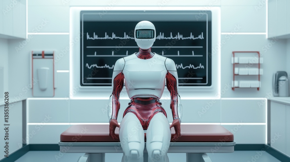 Poster a humanoid robot with visible circuitry sits on a medical examination table in a futuristic, sterile