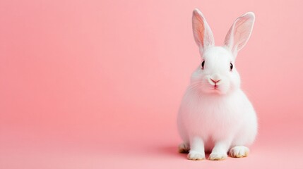 Fototapeta premium Photo of a little bunny, on a soft pink background Easter theme