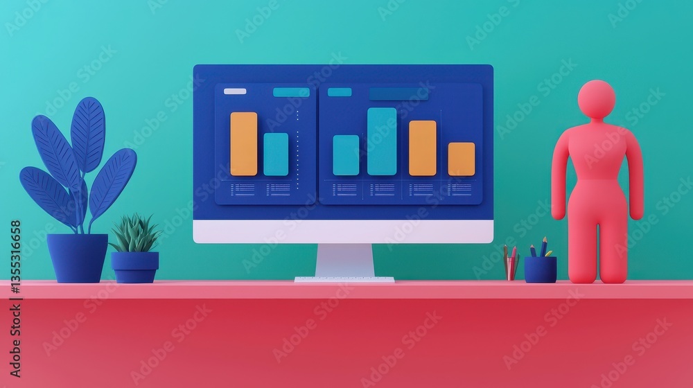 Poster a vibrant workspace featuring a computer with graphical data, a colorful figure, and potted plants, 