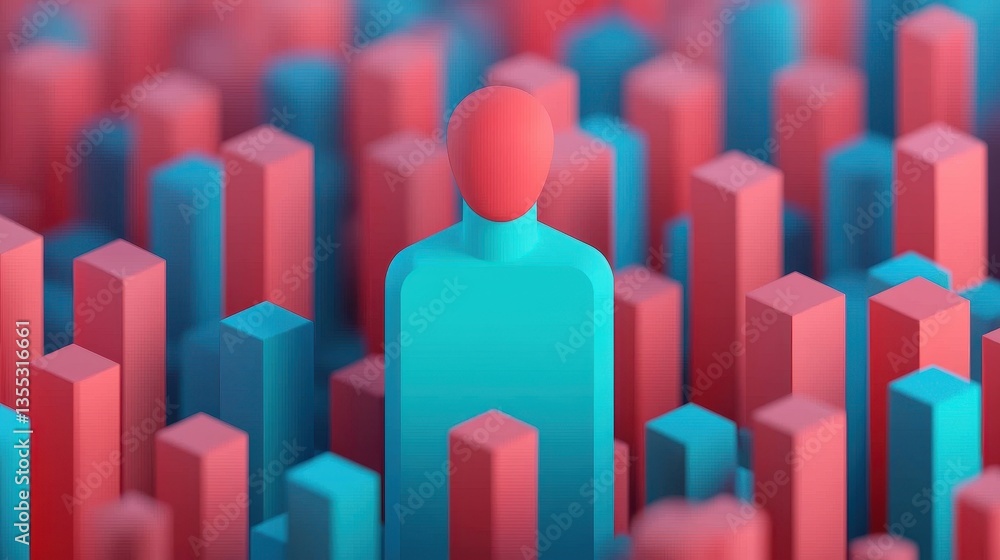 Poster a stylized figure stands amidst colorful, abstract bar graphs, representing themes of data analysis 