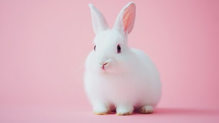 Fototapeta premium Photo of a little bunny, on a soft pink background Easter theme