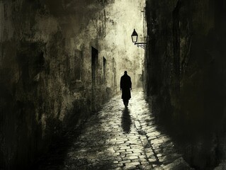 Man walks lonely down dark cobblestone alley