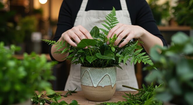 A florist arranging a lush green potted plant, showcasing her expertise in floral design and plant care.  