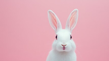 Obraz premium Photo of a little bunny, on a soft pink background Easter theme