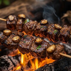 artistic depiction of skewers of beef and mushrooms grilling over a smoky fire, rich colors, rustic and festive atmosphere